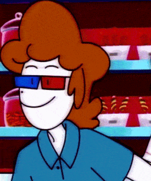 a cartoon character wearing 3d glasses and a blue shirt is smiling