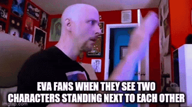eva fans when they see two characters standing next to each other gif