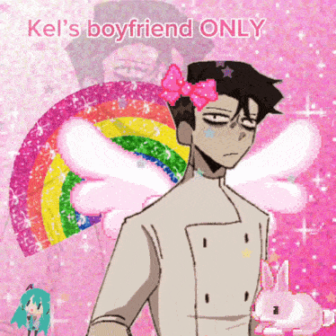 a drawing of a man with a rainbow and the words " kel 's boyfriend only " on the bottom