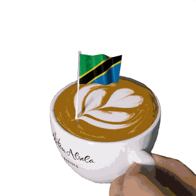 a person is holding a cup of coffee with a flag on top of it