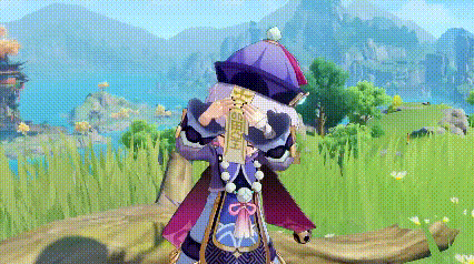 a girl in a purple hat is standing in a field holding a sword in a video game .