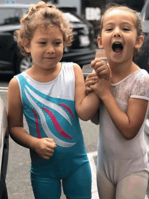 two little girls standing next to each other with one wearing a blue leotard with a pink and white design