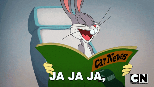 bugs bunny is reading a magazine that says car news on it
