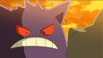 a purple monster with red eyes and white teeth looks angry