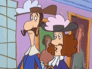 a cartoon of two men standing next to each other in front of a painting .