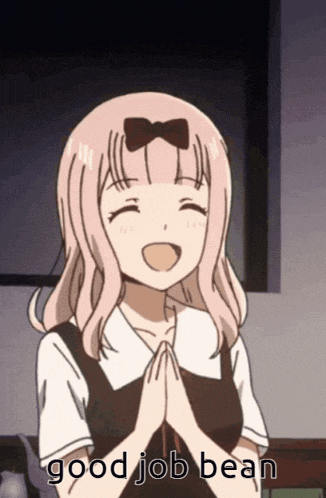 a cartoon girl with a bow on her head is smiling and saying good job bean
