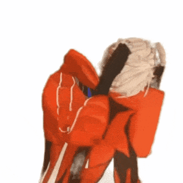 a drawing of two people in red jackets hugging