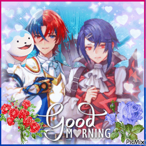 a good morning card with two anime characters