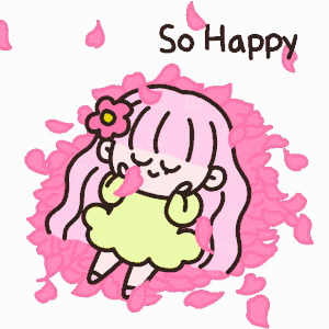 a girl with pink hair and a flower in her hair is surrounded by pink petals and the words so happy above her