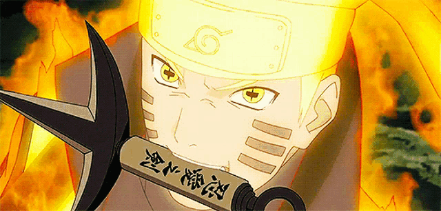a cartoon character is holding a sword with chinese characters on it