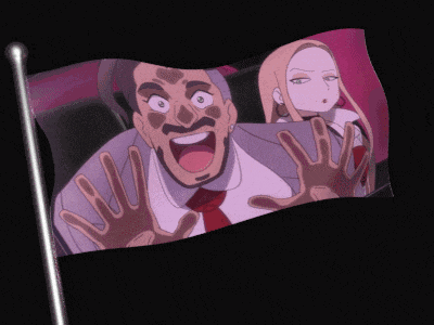 a cartoon of a man and a woman behind a flag