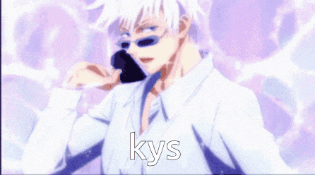 a man in a white shirt is talking on a cell phone and the word kys is on the bottom of the image