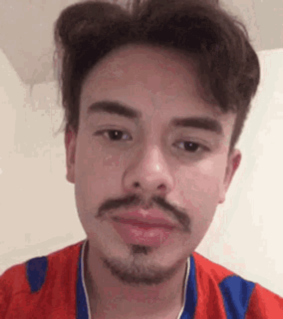 a young man with a beard and mustache is wearing a red shirt .