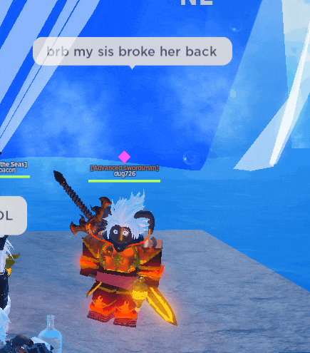 a screenshot of a video game with the words brb my sis broke her back on the bottom