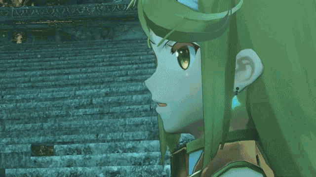 a close up of a cartoon character 's face with a monster in the background
