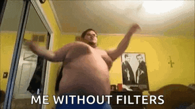 a shirtless man is dancing in a room with the words `` me without filters '' .