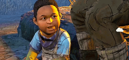 a little boy in overalls is talking to a man