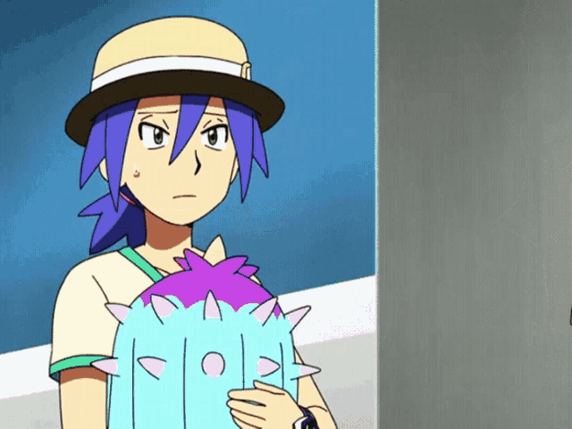 a cartoon character with blue hair and a hat is holding a purple and blue cactus