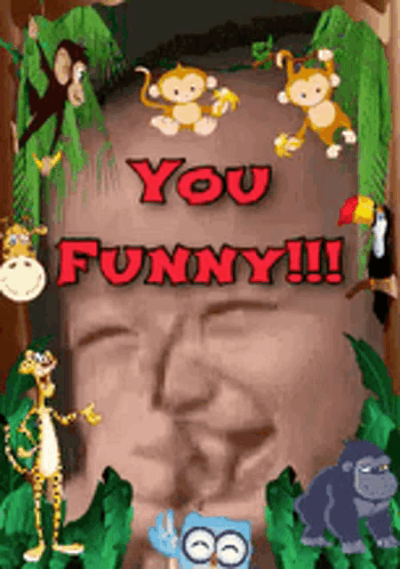 a picture of a man surrounded by cartoon animals with the words you funny