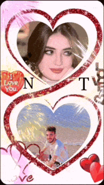 a picture of a woman and a man in a heart shaped frame that says i love you on it