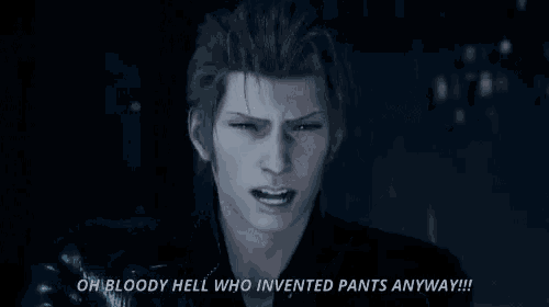 a man with blue hair is standing in the dark and talking about bloody hell who invented pants anyway .