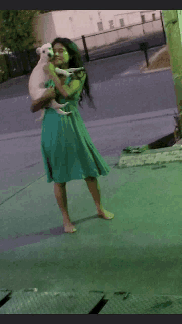 a woman in a green dress is holding a dog
