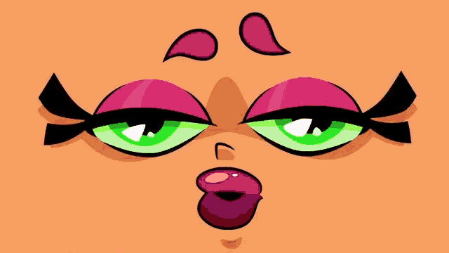 a close up of a cartoon face with green eyes and a red lip