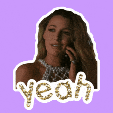 a sticker of a woman talking on a cell phone with the word yeah written in gold glitter