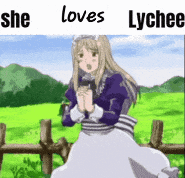 a picture of a girl with the words she loves lychee on the bottom