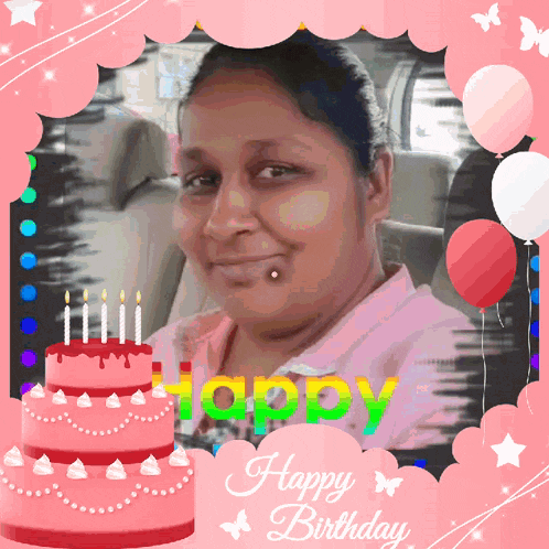 a picture of a woman in a car with a birthday cake and the words happy birthday