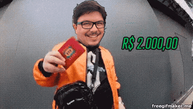 a man in an orange jacket is holding a passport with a price tag of r $ 2,000.00 on it