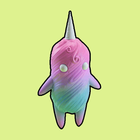 a pink and blue unicorn with a white horn on its head
