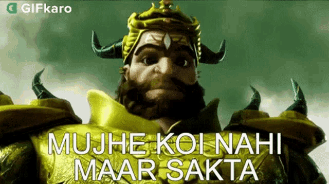 a cartoon of a man with horns and the words " mujhe koi nahi maar sakti "
