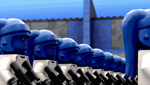 a row of blue lego soldiers are lined up