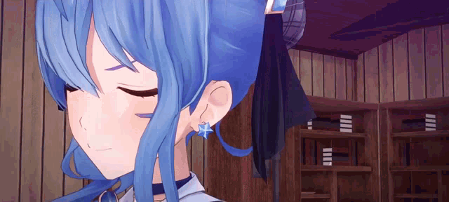 a girl with blue hair is standing in a room