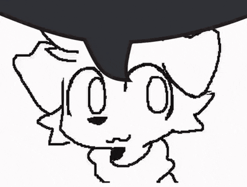 a black and white drawing of a cartoon character with a speech bubble above his head .