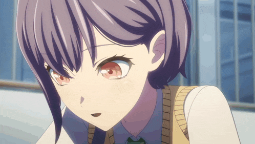 a close up of a girl with purple hair