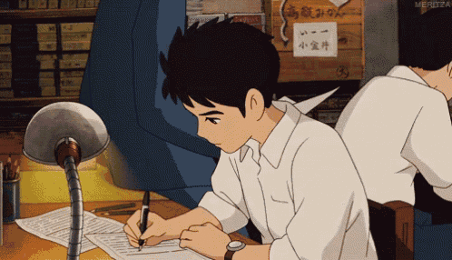 a cartoon of a boy writing on a piece of paper