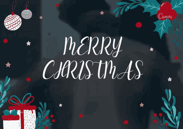 merry christmas is written on a black background with christmas presents and decorations