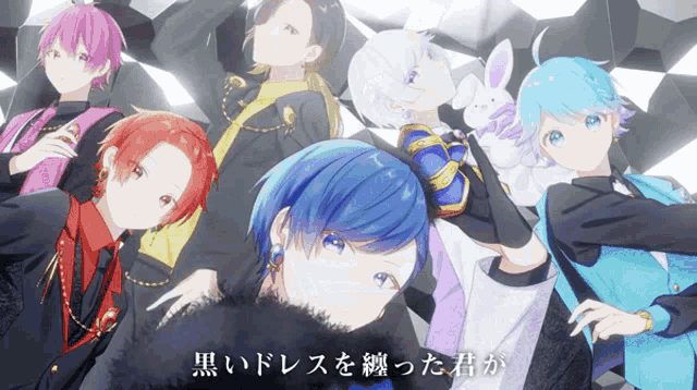 a group of anime characters are standing next to each other with a rabbit in the background