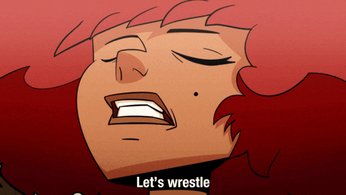 a cartoon character says let 's wrestle with a red haired woman
