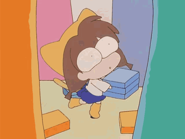 a cartoon of a girl carrying a stack of blue boxes