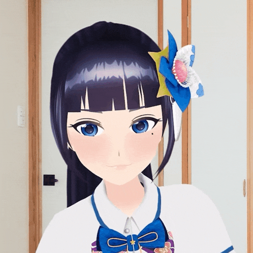 a close up of a girl 's face with a flower in her hair