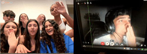 a group of young people are having a video call with a man wearing headphones on the screen