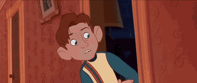 a boy in a cartoon is standing in front of a door that has a pattern on it