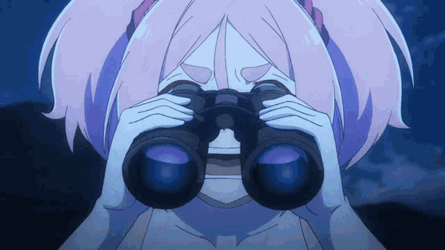 a girl with pink hair is looking through binoculars at something