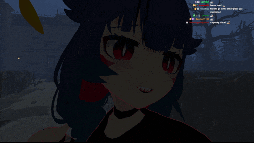 a screenshot of a video game shows a girl with red eyes and a few messages on the screen
