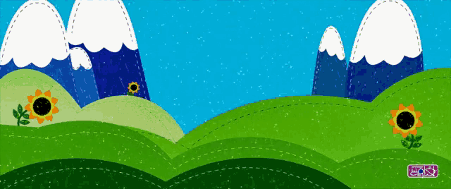 a cartoon landscape with mountains and sunflowers and the word lucky on the bottom right