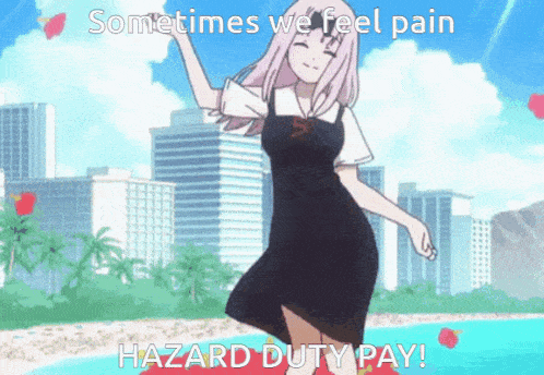 a girl in a black dress is dancing with the words sometimes we feel pain hazard duty pay on the bottom