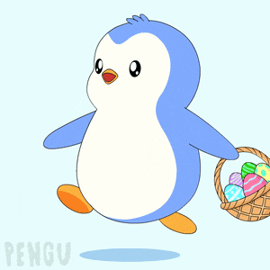 a penguin is holding a basket of easter eggs and the word pengu is below it
